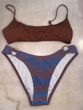 Billabong Striped Blue & Brown Bikini Set with Gold Hardware